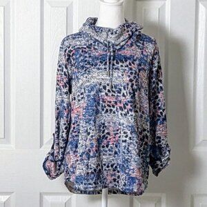 RUBY RD. Women's Long Sleeve Cowl Neck Top  Size M  Blue Multi Print
